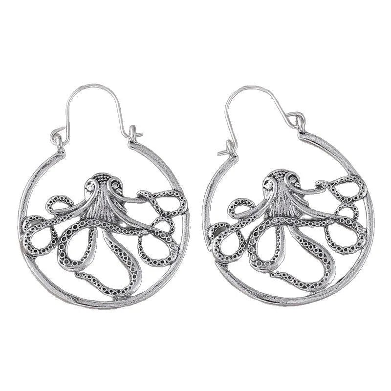 Vintage octopus earrings in antique silver finish with detailed animal zodiac modelling