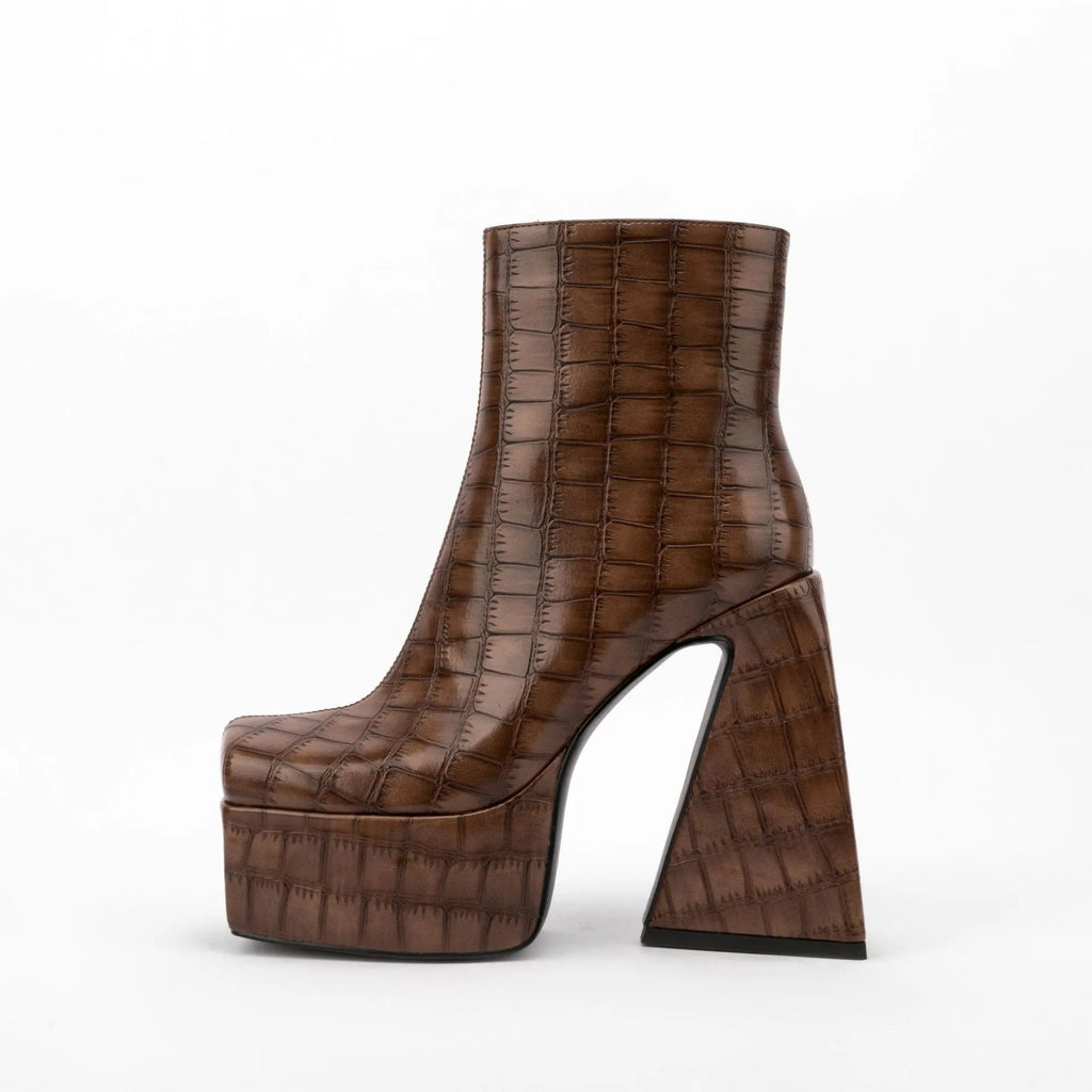 Women's high-heel ankle boots in red, green, black, beige, and brown colours, shown with a heel above 8cm.