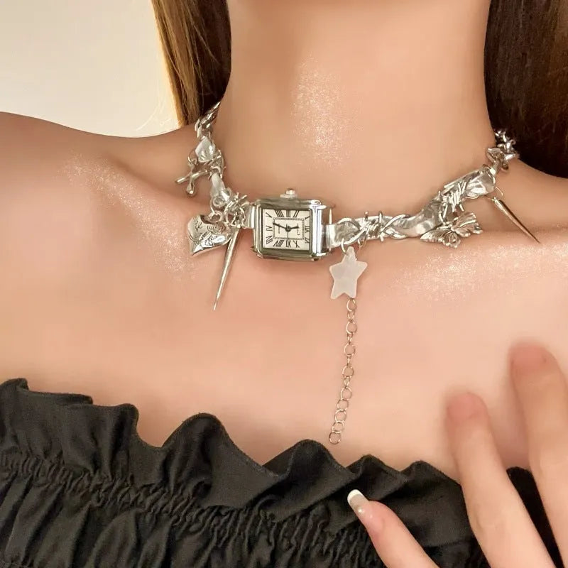 Dark multi-layer cross necklace with twin clavicle chains and hemp flower design on alloy chain