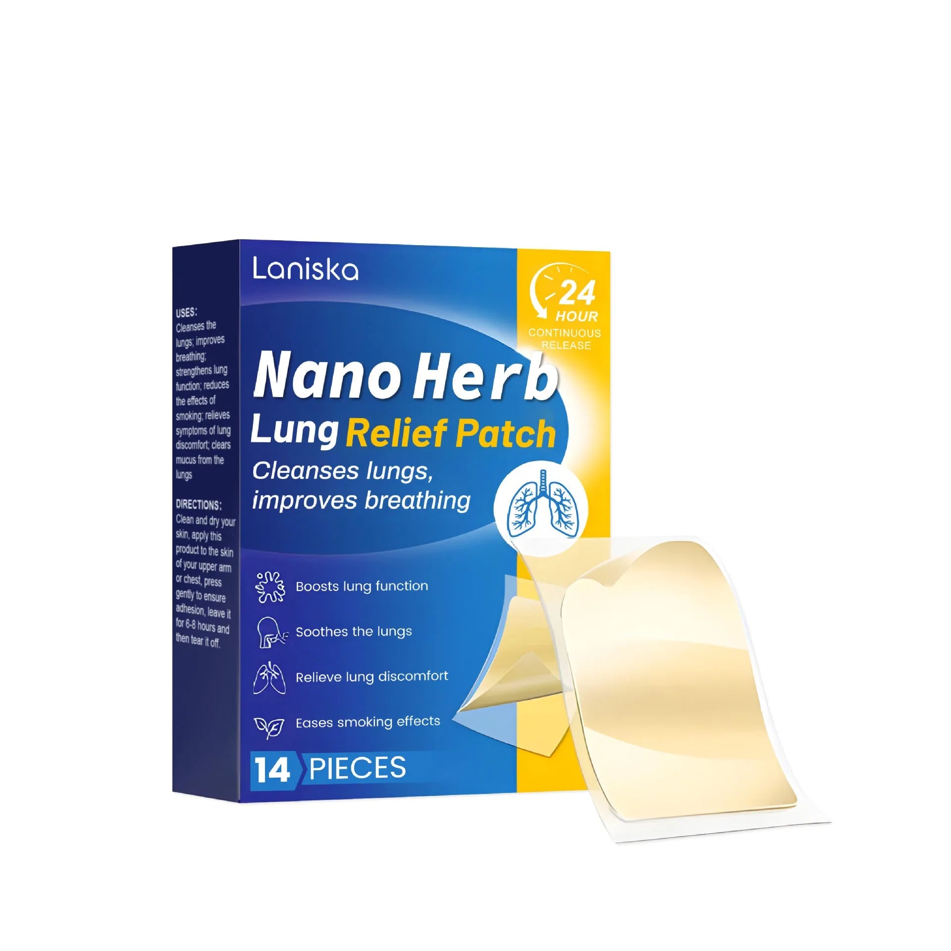 Box of 14 lung care soothing patches with natural ingredients for cough relief and respiratory support