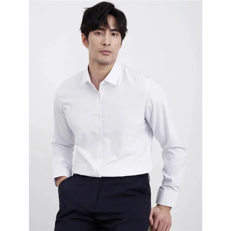 Men's wine red slim fit cardigan shirt with long sleeves on a hanger.