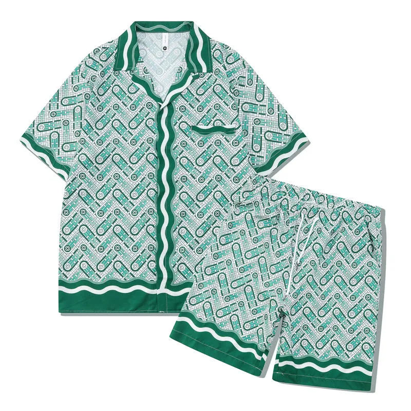 Men's plaid short-sleeve shirt and trouser beach outfit on a hanger.