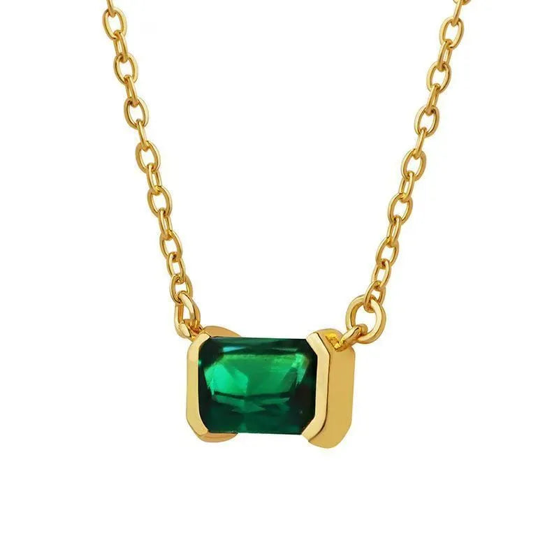 Gold geometric pendant necklace with quadrilateral design and inlaid Lvzuan stones on chain