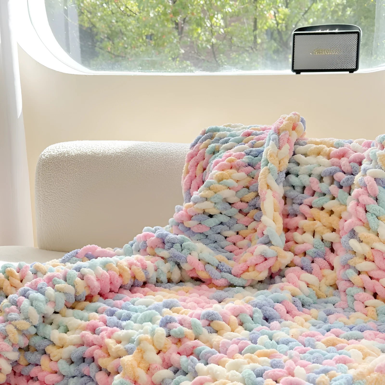 Thick striped chenille cover blanket in Caramel Mango colour folded to show texture and size.