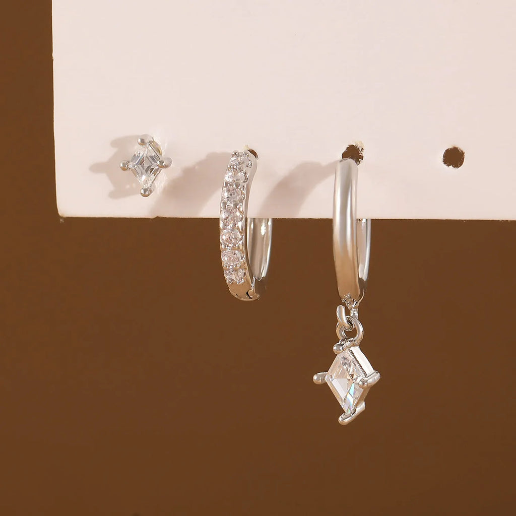 Geometric zircon three-piece ladies earring set with gold and silver plating options