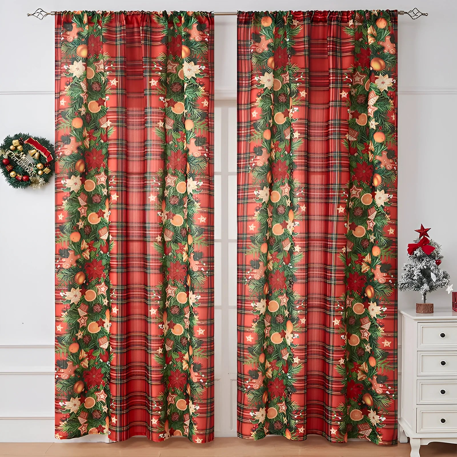American style printed polyester shading curtain with Christmas pattern in red plaid design