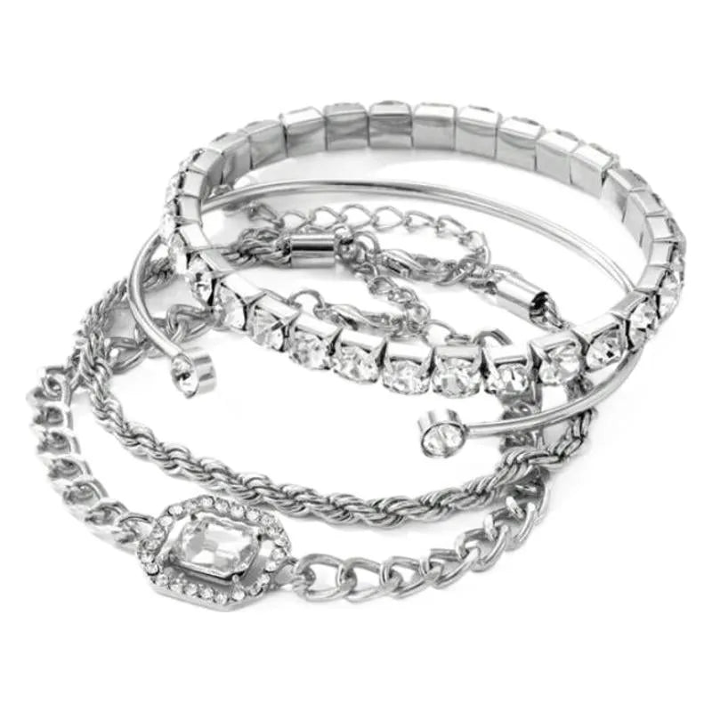Women's geometric retro jewellery four-piece set with square diamond motifs in gold or silver alloy