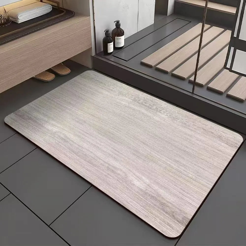 Square American wood grain patterned diatom ooze bathroom floor mat with non-slip backing.