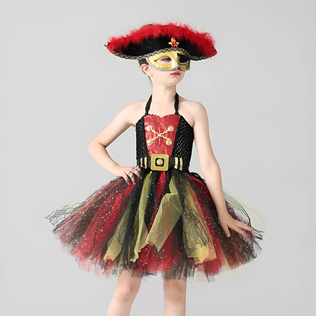 Girls pirate costume dress with black sequins, grey gauze mesh, and lace trim.