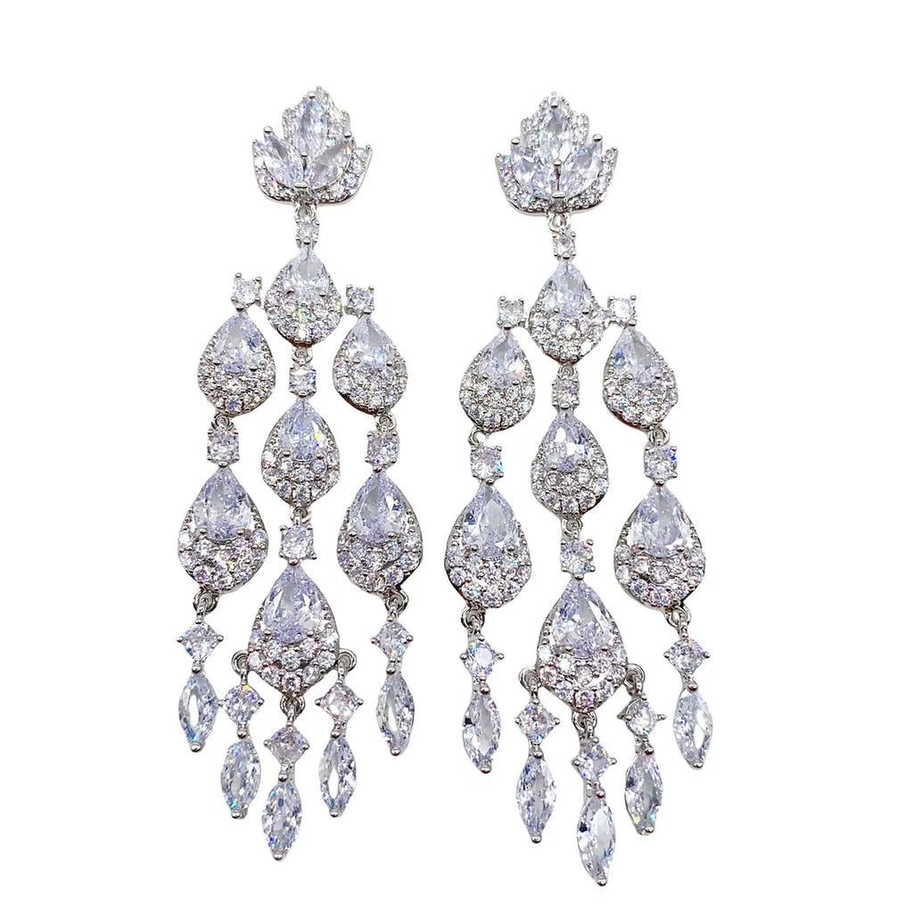Water drop tassel long earrings with zircon flower and leaf design in heavy industry style, available in multiple colours