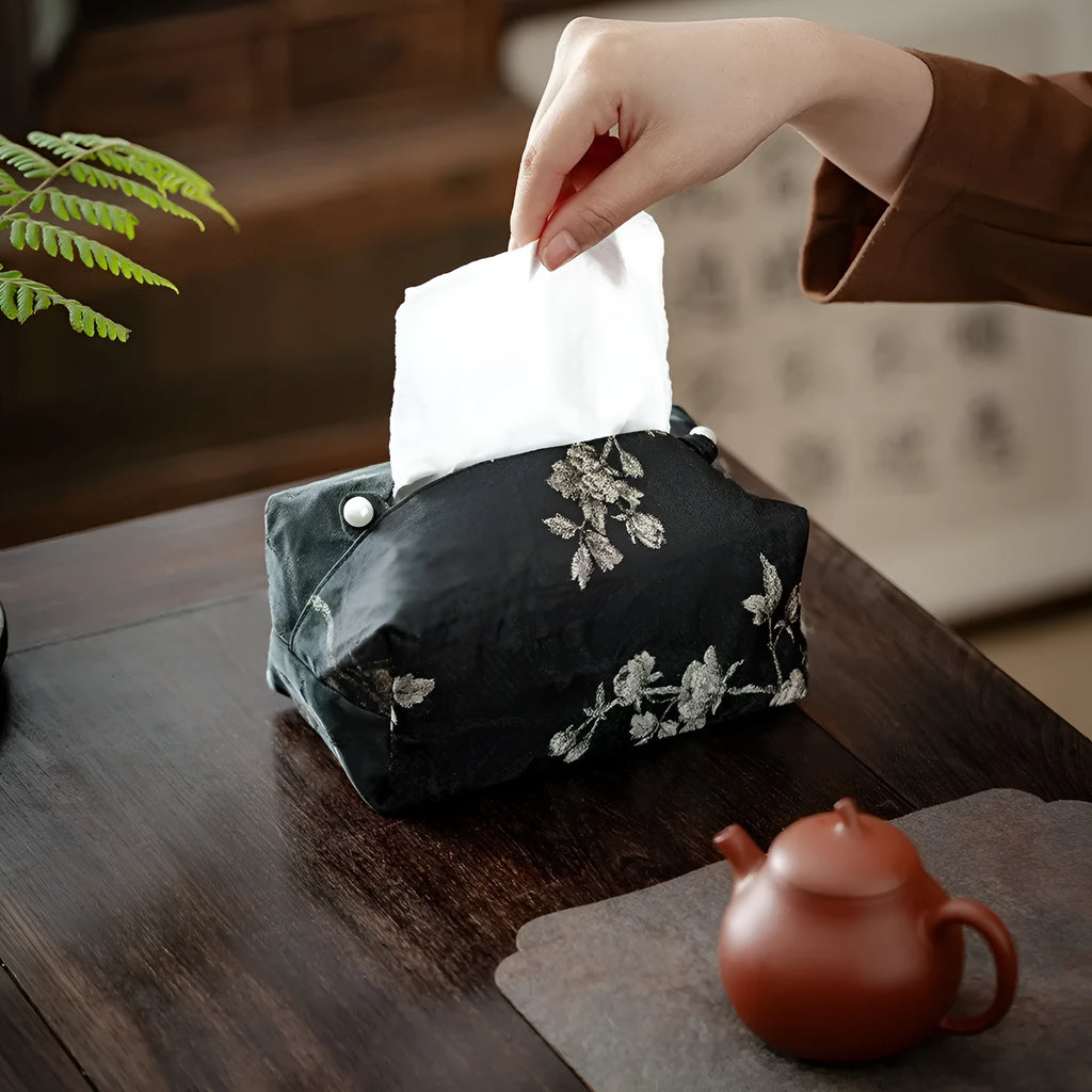 Chinese brocade fabric tissue box with embroidery white plum pattern, approx 17x6.5x10cm