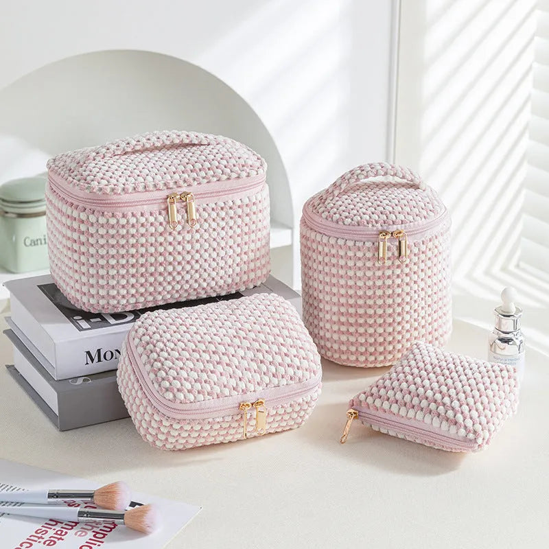 Flannelette makeup bag four-piece set in cube style, shown in blue with dots colour.