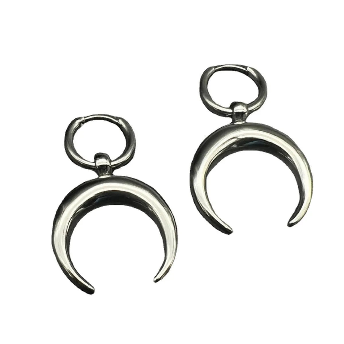 Silver vintage gothic moon clip-on hoop earrings with punk geometric styling