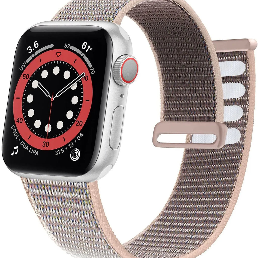 Woven fabric Apple Watch replacement strap shown in multiple colour options including reflective finishes.