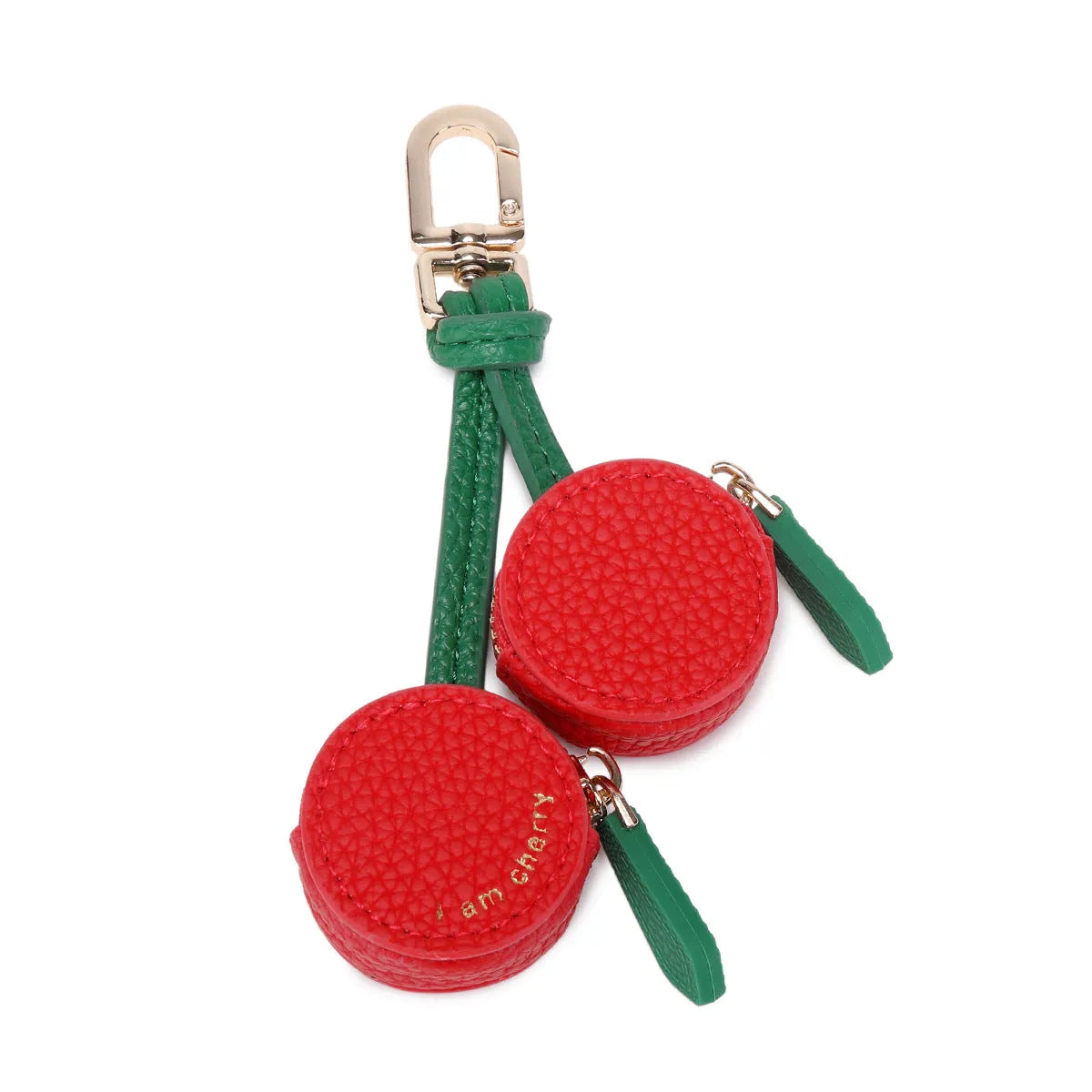 Mini leather coin purse keychain in cherry red colour with zippered closure and keychain attachment
