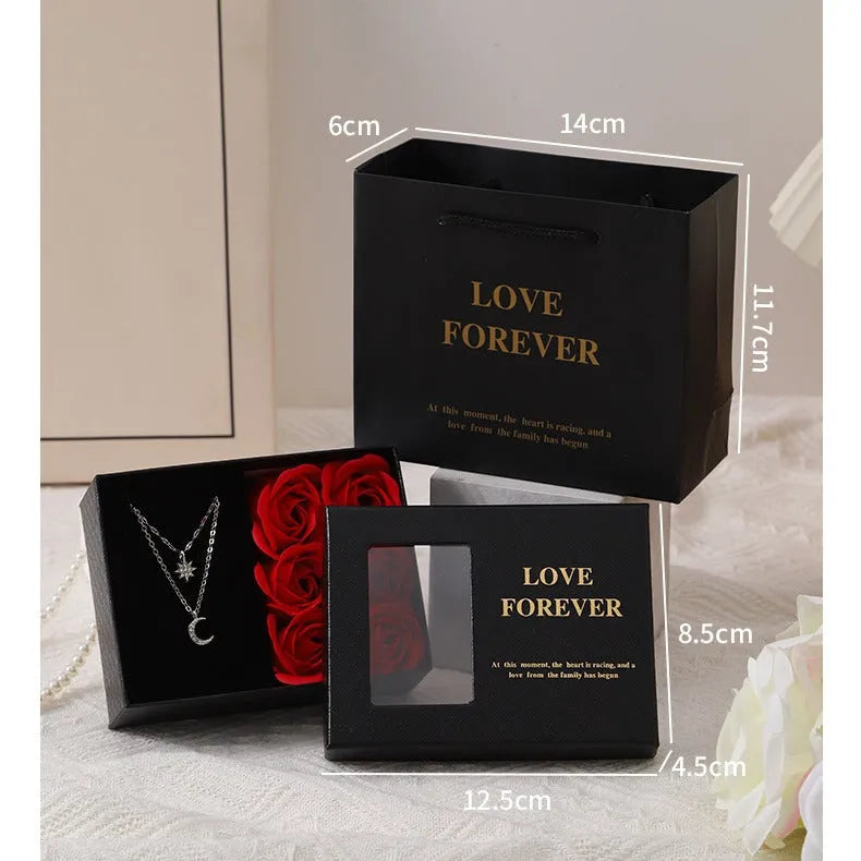 Red soap flower gift box set with six roses and a handbag for Valentine's Day.