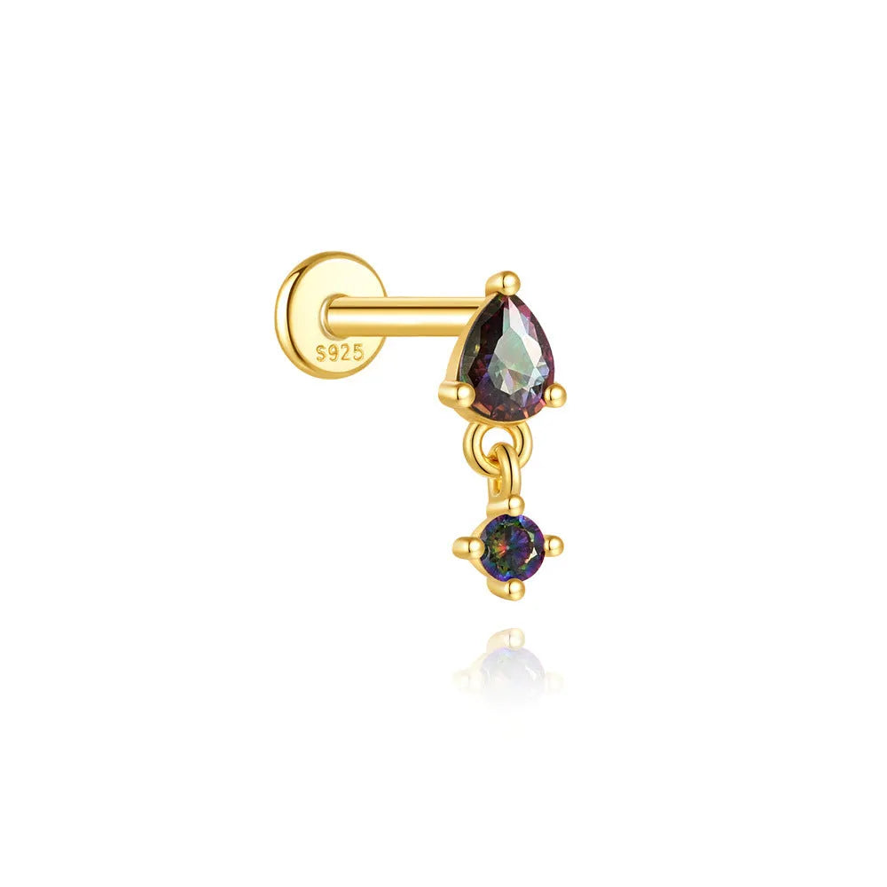 S925 sterling silver flat head thread piercing with rainbow stone in gold colour options
