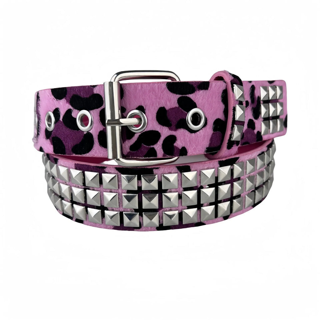 Brown leopard print women's punk belt with silver metal rivets and an alloy pin buckle.