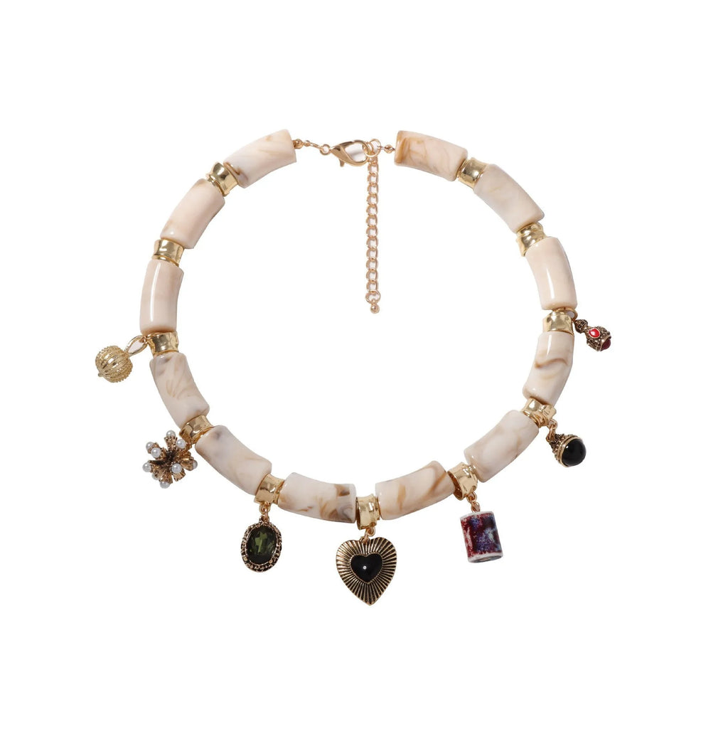 Heart-shaped resin bamboo necklace with electroplated finish on 45cm chain