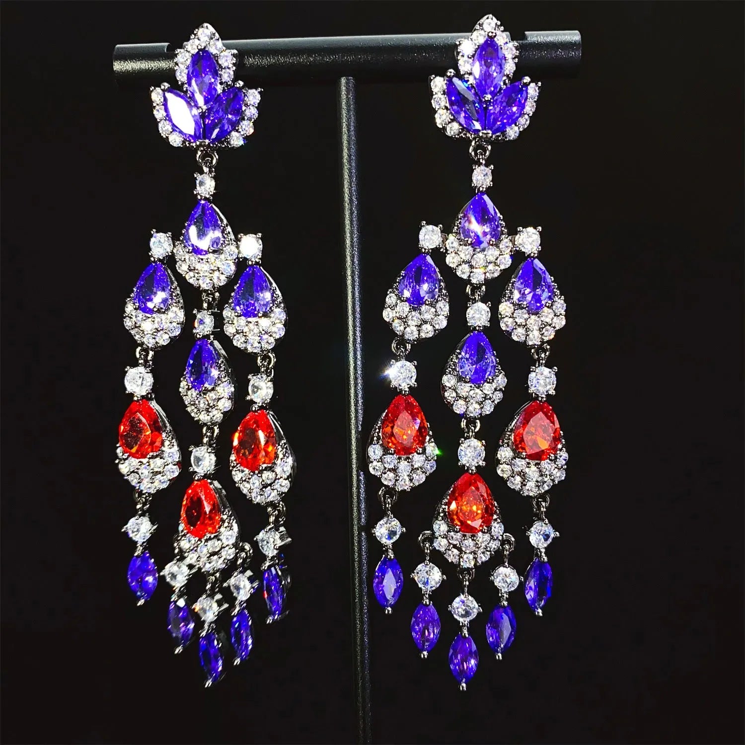 Water drop tassel long earrings with zircon flower and leaf design in heavy industry style, available in multiple colours