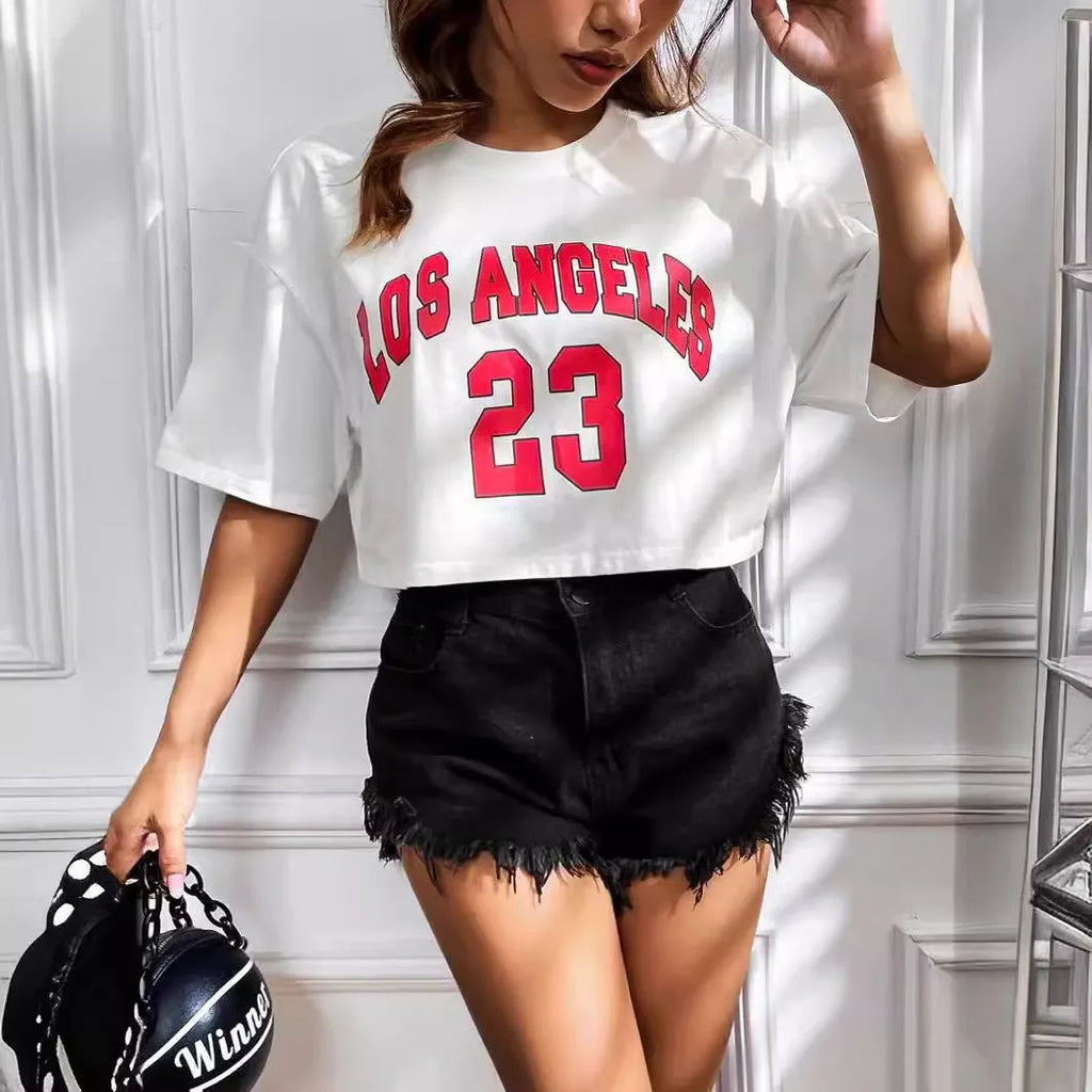 Black loose-fit cotton t-shirt with printed white English letters and an exposed navel design.