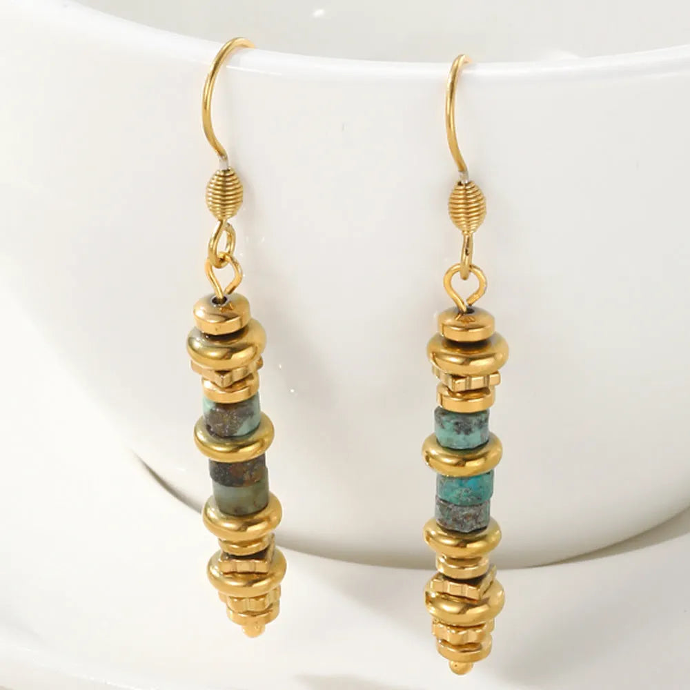 Geometric titanium steel dangle earrings with silver-toned finish and retro design