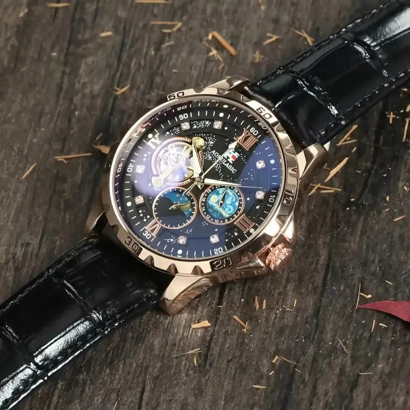 Men's black and rose gold automatic skeleton watch on leather strap.