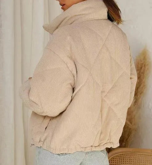 Women's apricot corduroy wadded jacket with stand collar and front zipper in street fashion style