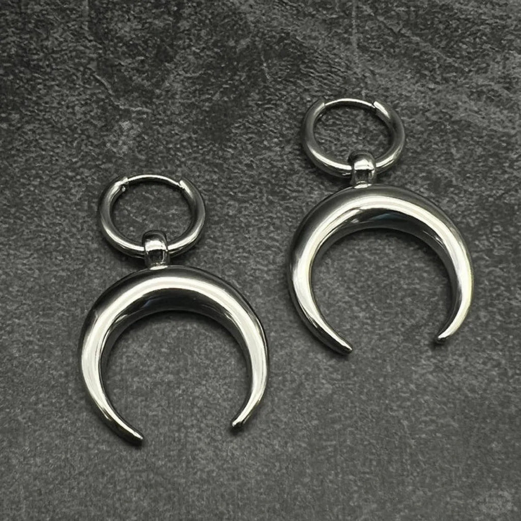 Silver vintage gothic moon clip-on hoop earrings with punk geometric styling