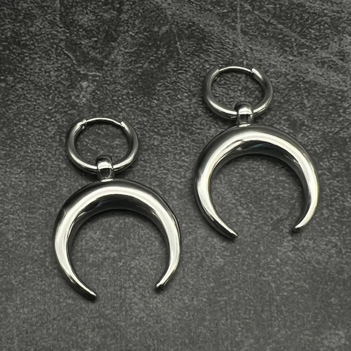 Silver vintage gothic moon clip-on hoop earrings with punk geometric styling