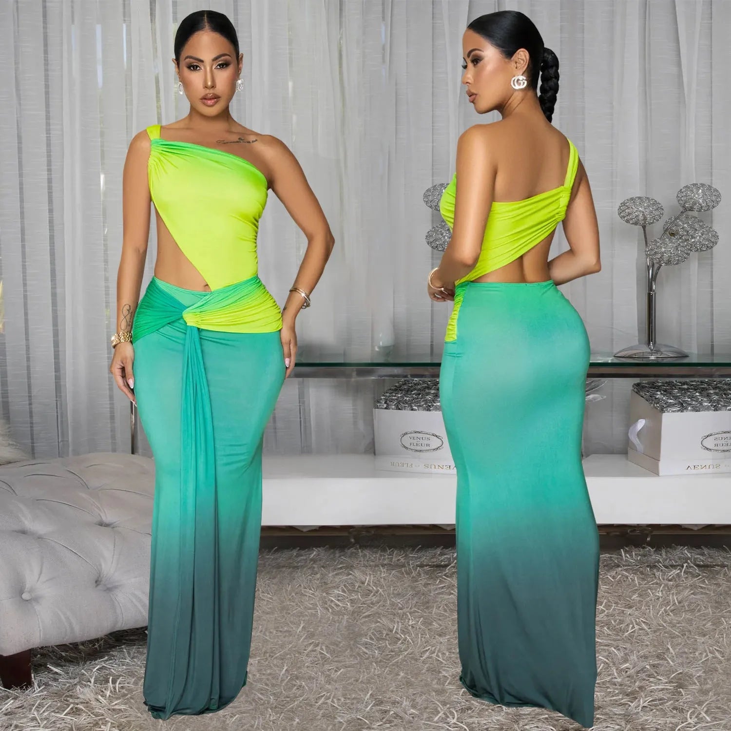 Women's long sleeveless dress with cross-shoulder neckline in a green gradient colour pattern.