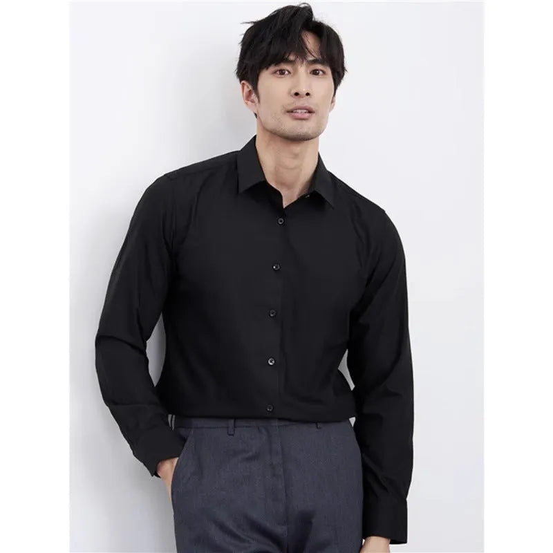 Men's wine red slim fit cardigan shirt with long sleeves on a hanger.