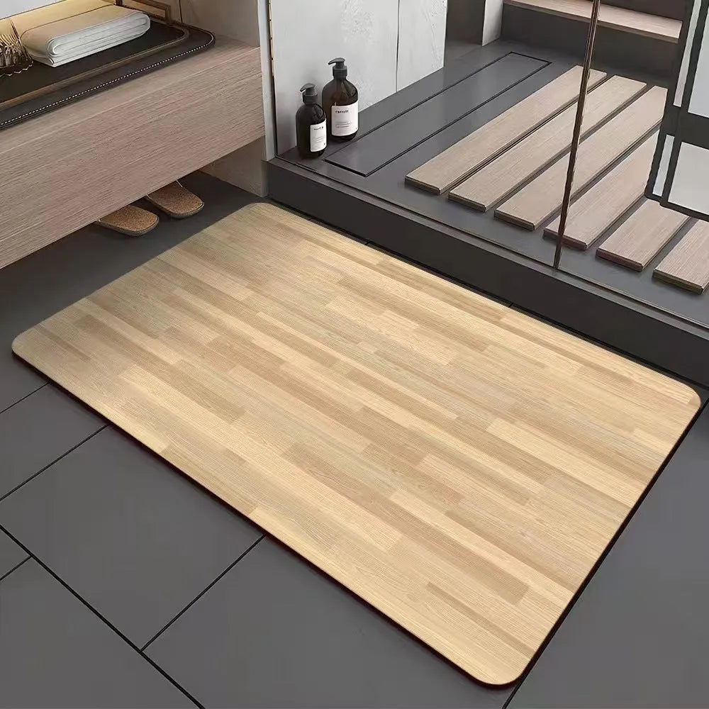 Square American wood grain patterned diatom ooze bathroom floor mat with non-slip backing.