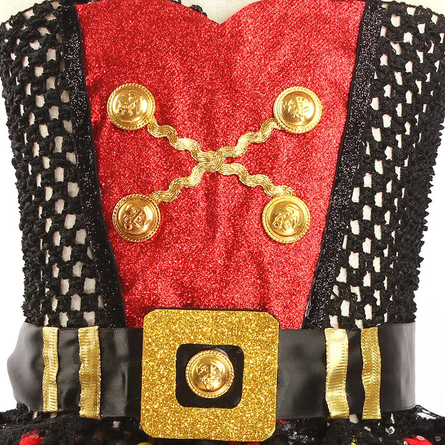 Girls pirate costume dress with black sequins, grey gauze mesh, and lace trim.