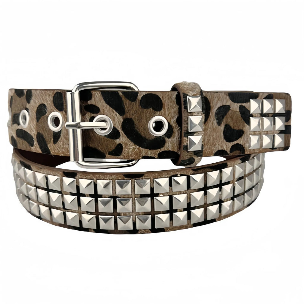 Brown leopard print women's punk belt with silver metal rivets and an alloy pin buckle.