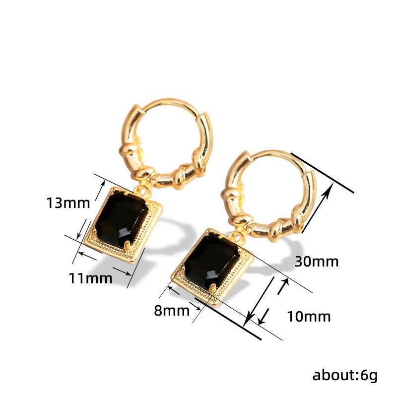 Geometric quadrilateral black zircon copper earrings with French court retro styling