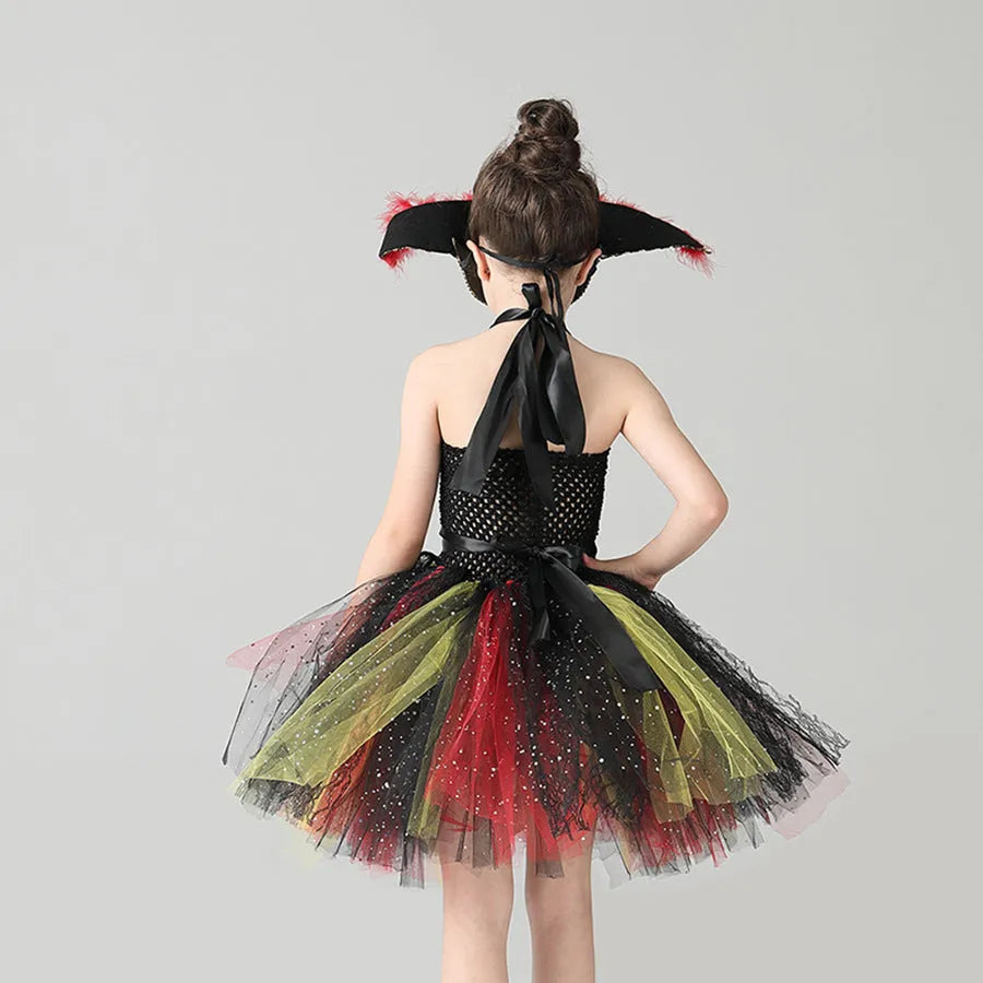 Girls pirate costume dress with black sequins, grey gauze mesh, and lace trim.