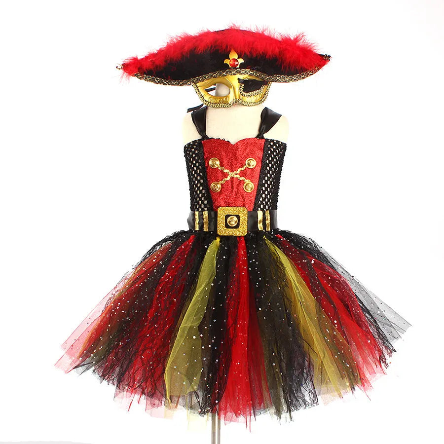 Girls pirate costume dress with black sequins, grey gauze mesh, and lace trim.