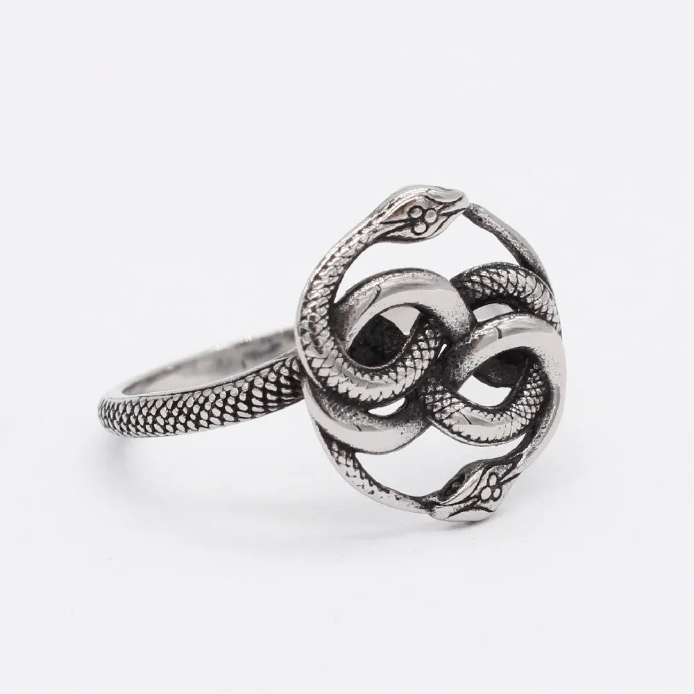 Titanium steel double snake ring in retro style with steel colour finish
