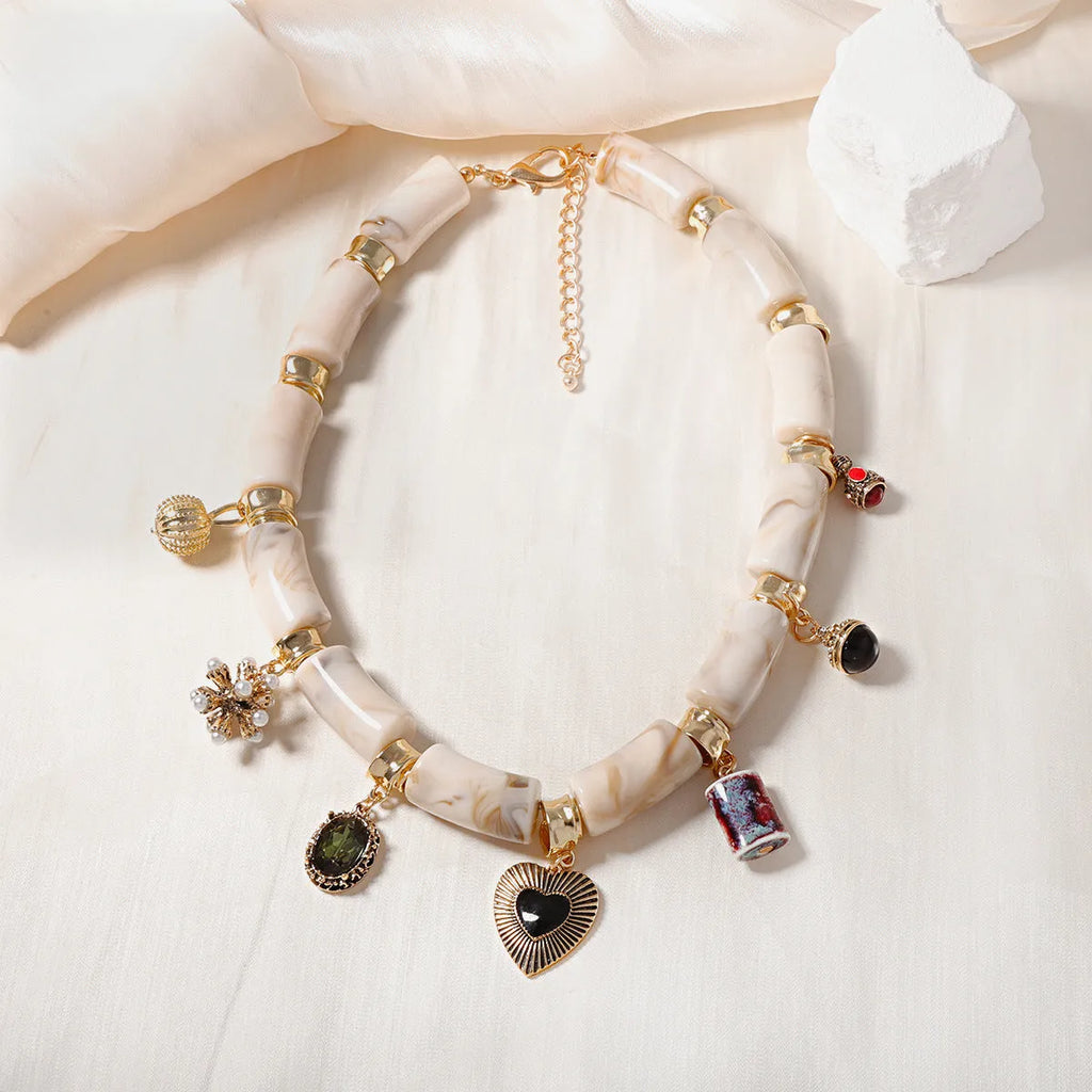 Heart-shaped resin bamboo necklace with electroplated finish on 45cm chain