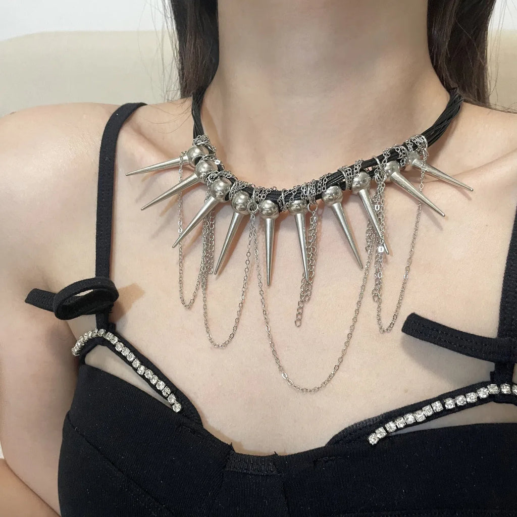 Women's casual leather necklace with round electroplated rivet beads and winding tassel detail