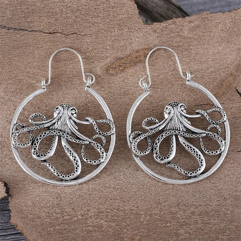 Vintage octopus earrings in antique silver finish with detailed animal zodiac modelling