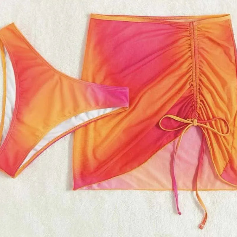 Women's orange gradient print three-piece swimsuit with loop buckle suspender