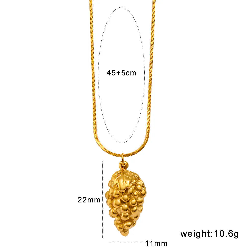 Stainless steel necklace with colourful fruit-shaped pendants including apple, grape, watermelon, pineapple, strawberry and banana.