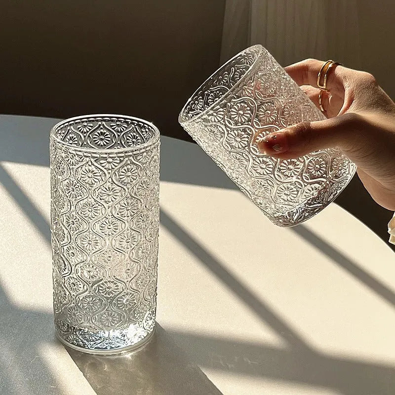 Begonia carved pattern clear glass water cup in 250ml short and 360ml high versions