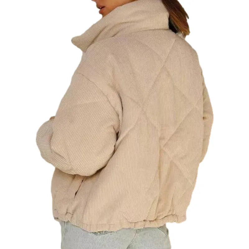 Women's apricot corduroy wadded jacket with stand collar and front zipper in street fashion style