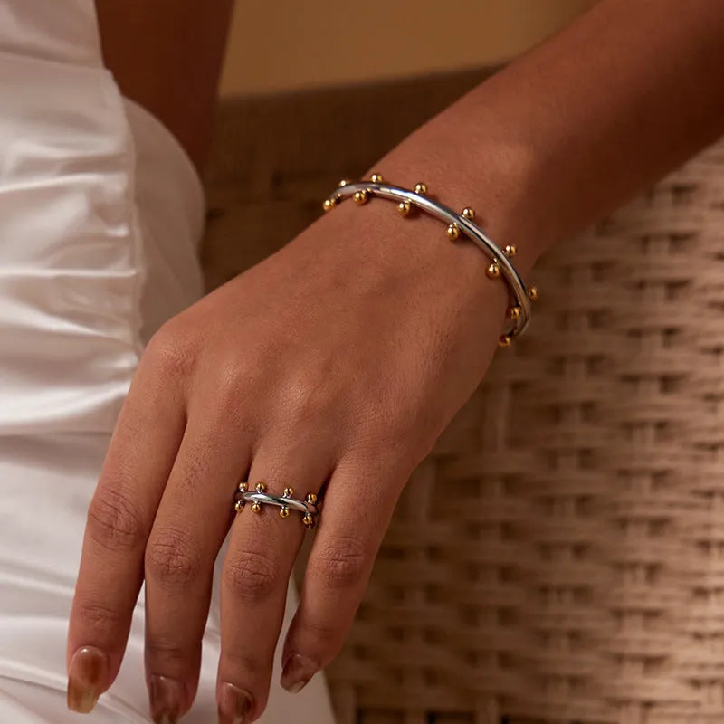 Stainless steel C-shaped personality texture rivet bean beads bracelet in three colour options