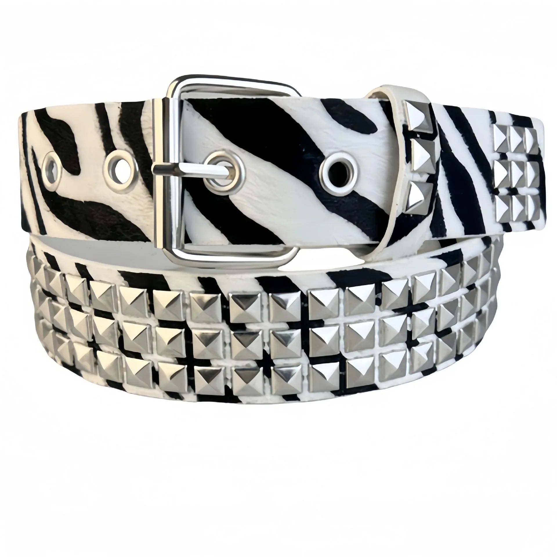 Brown leopard print women's punk belt with silver metal rivets and an alloy pin buckle.