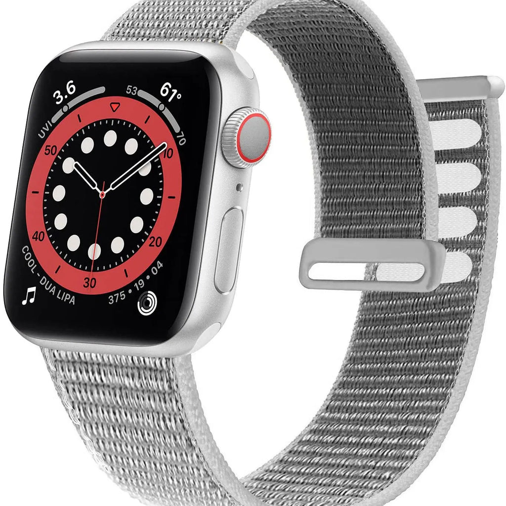 Woven fabric Apple Watch replacement strap shown in multiple colour options including reflective finishes.