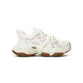Milky white women's platform heel dad sneakers with round toe and front laces on a solid background.
